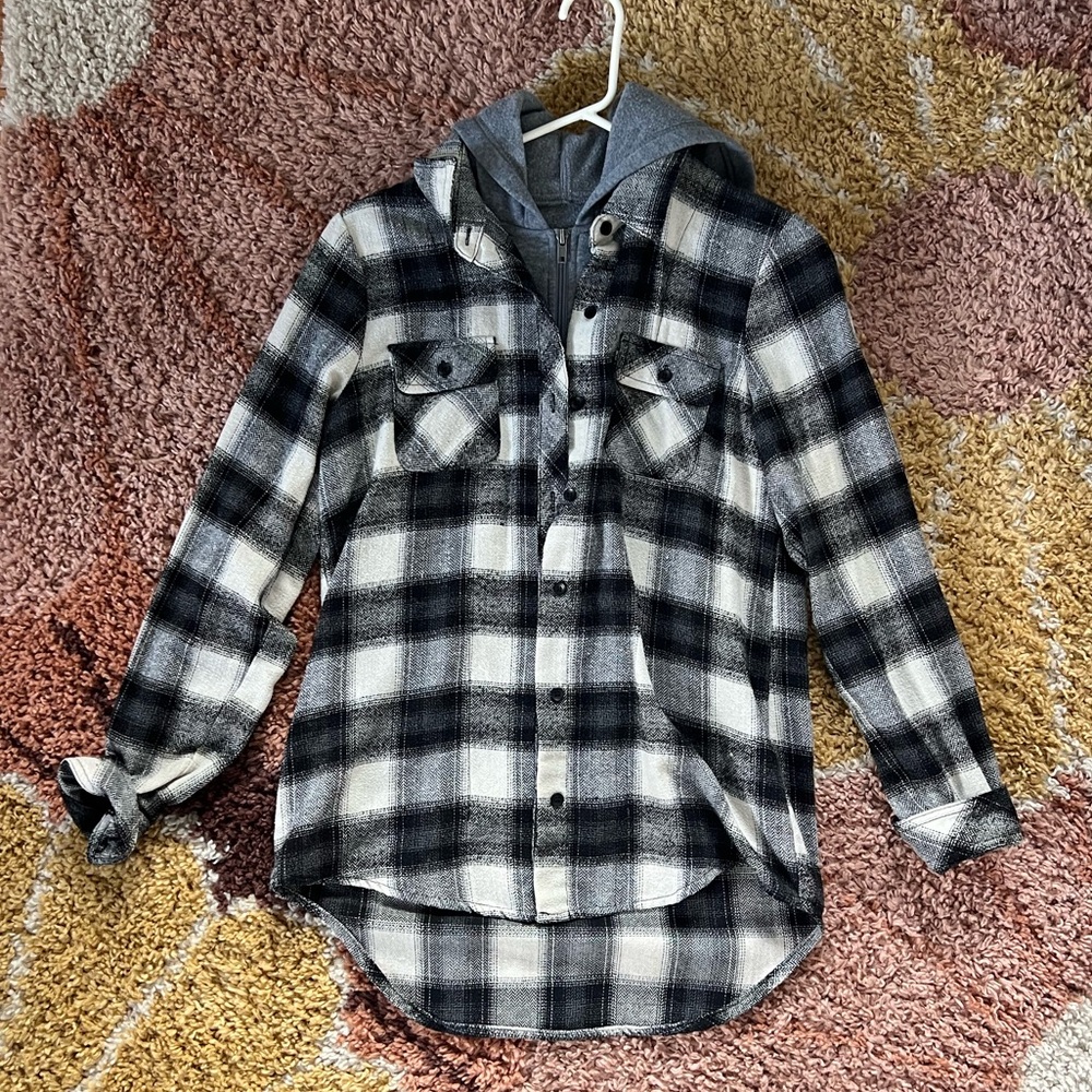 white and black flannel with built in hoodie